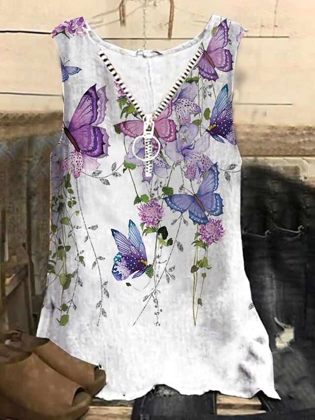 Womens Clothing Plus Size Collection | Womens Plus Size Tops Tank Top Floral Butterfly Zipper Print Sleeveless V Neck Streetwear