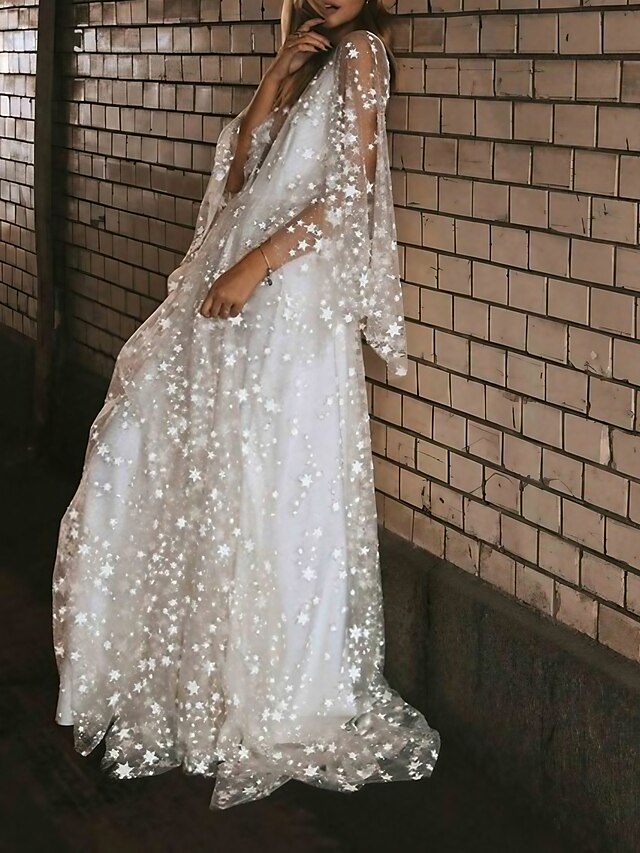 Womens Clothing Womens Dresses | Womens A Line Dress Maxi long Dress White Long Sleeve Pure Color Backless Sequins Spring Summer