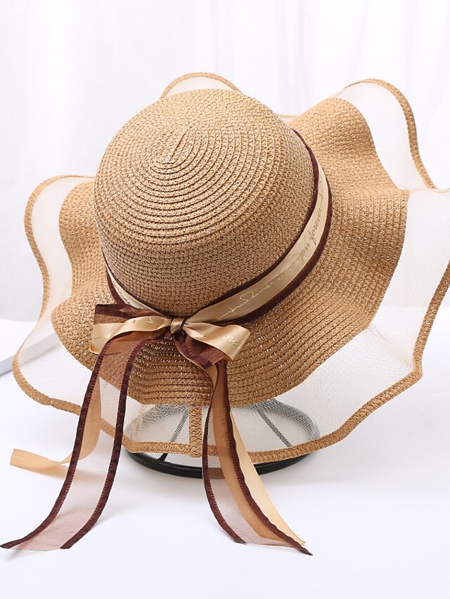 Womens Clothing Womens Accessories | Womens Casual Straw Hat Sun Hat Street Daily Holiday Braided Bow Ribbon bow Blue Khaki Hat 