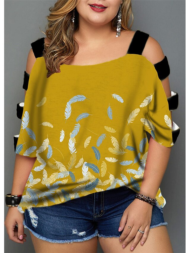 Womens Clothing Plus Size Collection | Womens Plus Size Tops Blouse Shirt Graphic Patterned Cut Out Print Half Sleeve V Neck Str