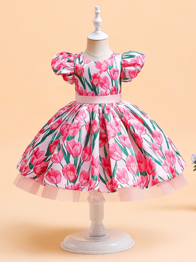 Baby & Kids Girls Clothing | Toddler Little Girls Dress Flower Skater Dress Party Daily Puff Sleeve Pink Knee-length Short Sleev