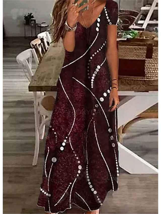 Womens Clothing Womens Dresses | Womens Shift Dress Maxi long Dress Green Wine Short Sleeve Geometric Pocket Print Spring Summer