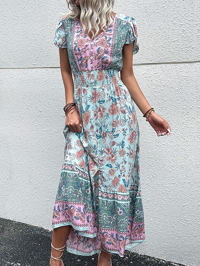 Womens Clothing Womens Dresses | Womens A Line Dress Maxi long Dress Green Black Red Short Sleeve Floral Print Spring Summer V N