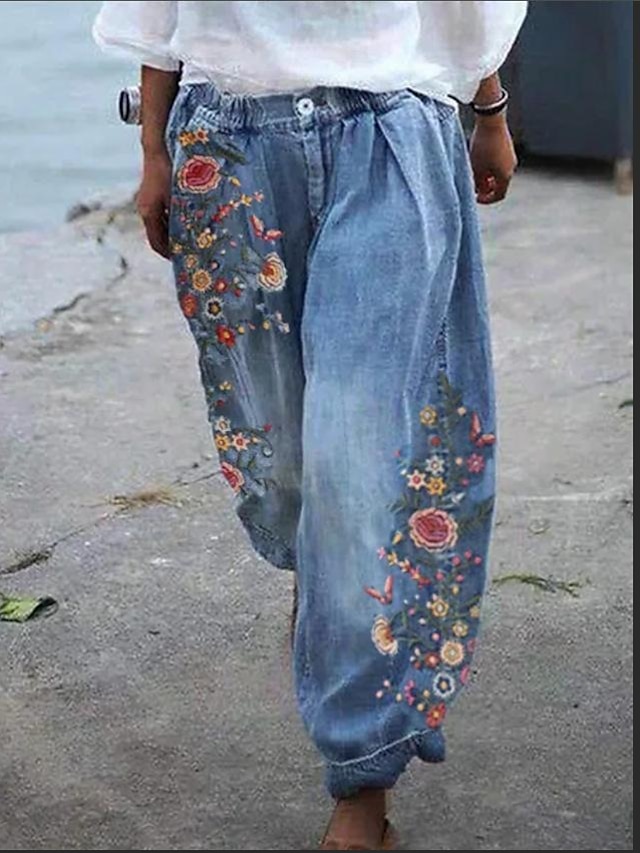  מכנסיים ג'וגרנים לנשים מכנסיים רחבים אופנה ג'ינס מלאכותי אופנה חוף סבתא בסגנון קז'ואל הדפס סוף שבוע מיקרו אלסטי באורך מלא נוחות פרח/פרחוני
