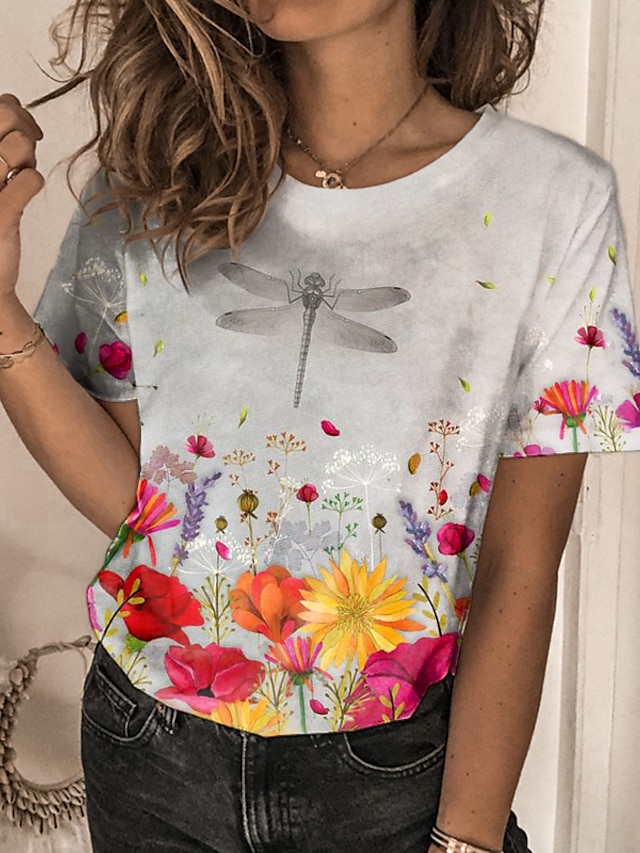 Womens Clothing Womens Tops | Womens Casual Weekend Floral Painting T shirt Tee Floral Short Sleeve Print Round Neck Basic Tops 