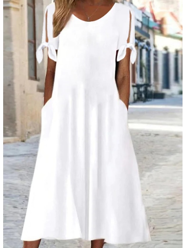  Women's Casual Dress Shift Dress White Dress Midi Dress White Short Sleeve Pure Color Cut Out Fall Spring Summer Crew Neck Basic Daily Date Vacation 2023 S M L XL 2XL 3XL