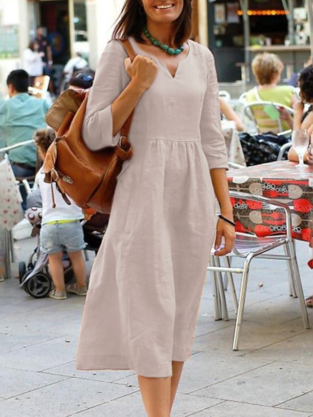  Femmes Jaune Rose Claire Rouge Été Printemps Robe Maxi Robe maxi Robes inspirées du lin Robe Décontractée Robe évasée Basique Occasionnel Vacances Quotidien Fête Coupe régulière Couleur Unie Col en V