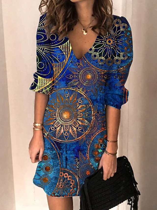 Womens Clothing Womens Dresses | Womens A Line Dress Short Mini Dress Blue Long Sleeve Print Print Spring Summer V Neck Casual 2