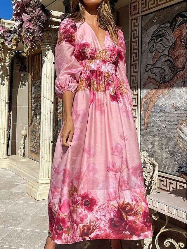 Womens Clothing Womens Dresses | Womens A Line Dress Maxi long Dress Pink 3/4 Length Sleeve Floral Ruched Print Spring Summer V 