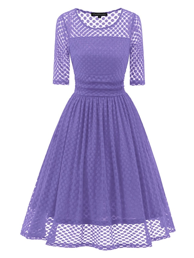 Womens Clothing Womens Dresses | Womens A Line Dress Knee Length Dress Purple Wine Half Sleeve Pure Color Lace Spring Summer Cre