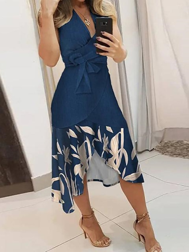 Womens Clothing Womens Dresses | Womens A Line Dress Midi Dress Green White Black Pink Dark Blue Orange Navy Blue Sleeveless Pri