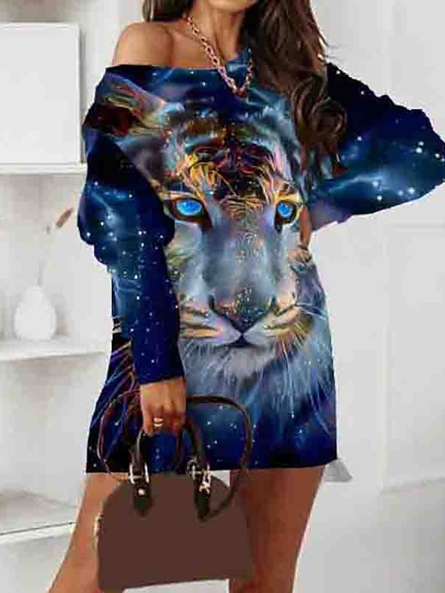 Womens Clothing Womens Dresses | Womens Shift Dress Short Mini Dress Blue Long Sleeve Animal Fake two piece Print Fall Spring Cr