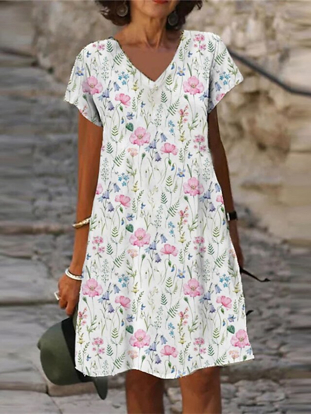 Womens Clothing Womens Dresses | Womens Shift Dress Knee Length Dress Blue Pink Short Sleeve Floral Print Spring Summer V Neck C