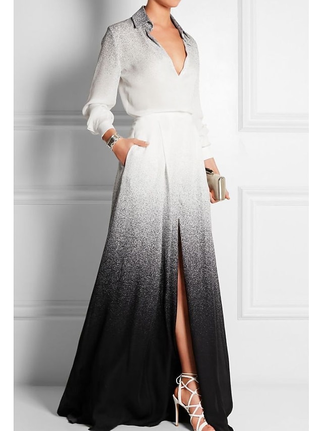 Womens Clothing Womens Dresses | Womens A Line Dress Maxi long Dress White Long Sleeve Color Block Ruched Patchwork Spring Summe