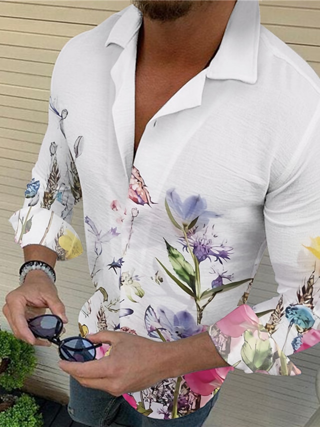  Men's Shirt Graphic Floral Turndown White Blue Green Gray Print Outdoor Casual Long Sleeve Button-Down Print Clothing Apparel Fashion Designer Casual Comfortable