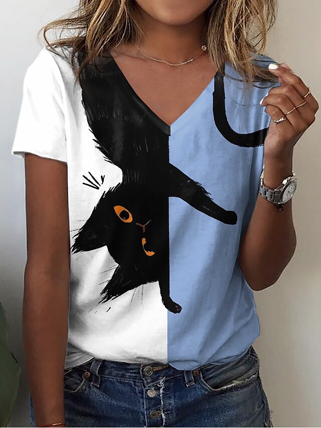 Womens Clothing Womens Tops | Womens Casual Weekend Cat Painting T shirt Tee Cat Color Block Short Sleeve Print V Neck Basic Top