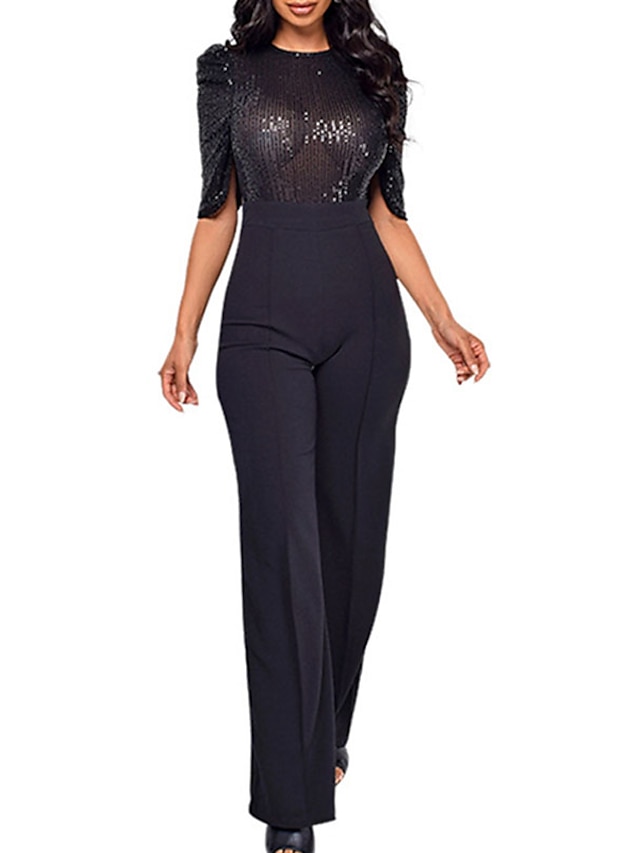 Womens Clothing Womens Jumpsuits & Rompers | Womens Jumpsuit Sequin Solid Color Crew Neck Elegant Party Going out Regular Fit Ha