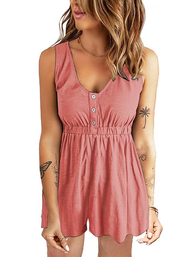 Womens Clothing Womens Jumpsuits & Rompers | Womens Romper Button Solid Color V Neck Casual Holiday Weekend Regular Fit Sleevele