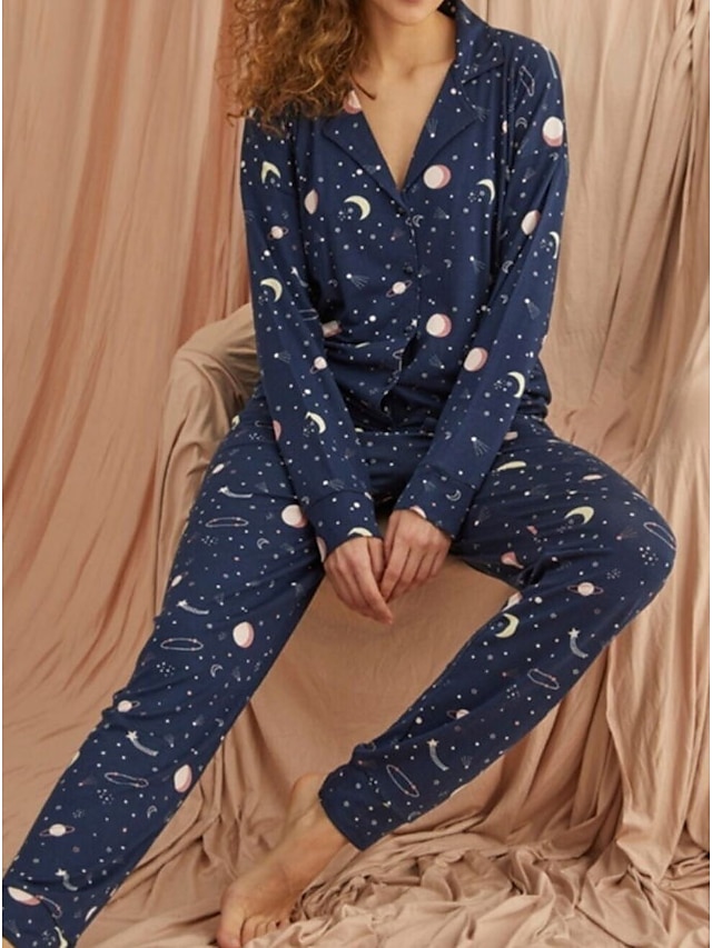 Womens Clothing Womens Sleep & Lounge | Womens Loungewear Sets 2 Pieces Star Comfort Sweet Home Daily Polyester Lapel Long Sleev