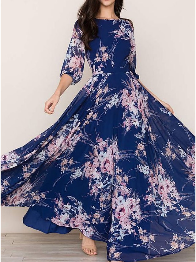 Womens Clothing Womens Dresses | Womens A Line Dress Maxi long Dress Navy Blue Half Sleeve Floral Print Print Spring Summer Roun