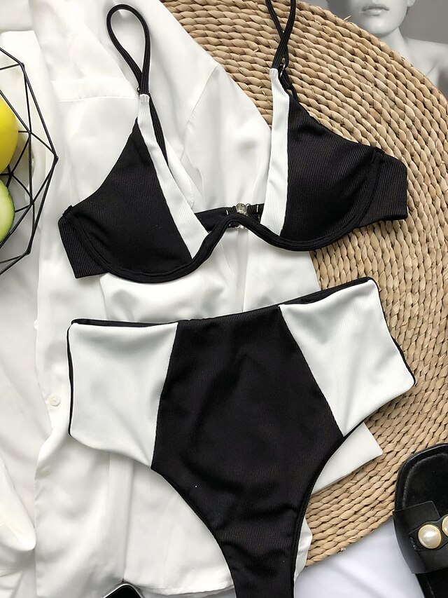 Womens Clothing Womens Swimwear | Womens Swimwear Bikini 2 Piece Normal Swimsuit Backless High Waisted Color Block Black V Wire 