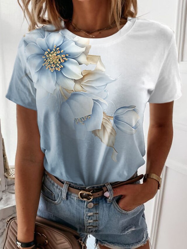 Womens Clothing Womens Tops | Womens Casual Holiday Weekend Floral Painting T shirt Tee Floral Short Sleeve Print Round Neck Bas