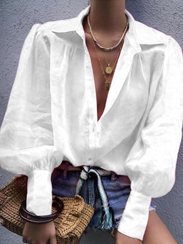  女性用 シャツ ブラウス 平織り ボタン オフィス ワーク ビジネス ストリートファッション カジュアル 長袖 シャツカラー ブラック 春 秋