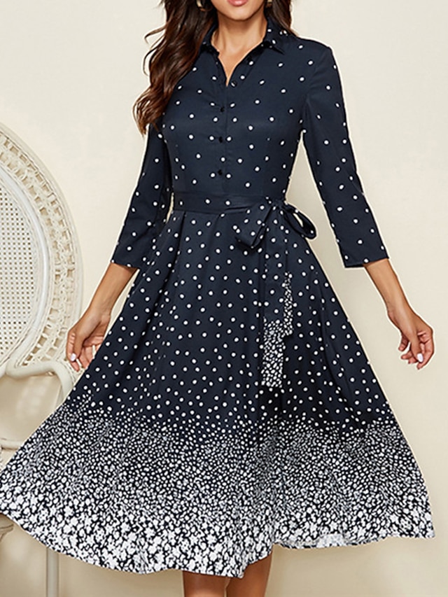 Womens Clothing Womens Dresses | Womens A Line Dress Midi Dress Navy Blue Long Sleeve Polka Dot Lace up Print Fall Spring Shirt 