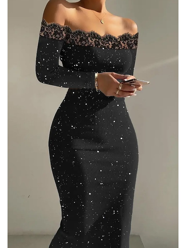 Womens Clothing Womens Dresses | Womens Bodycon Midi Dress Black Long Sleeve Polka Dot Sequins Ruffle Cold Shoulder Spring Summe