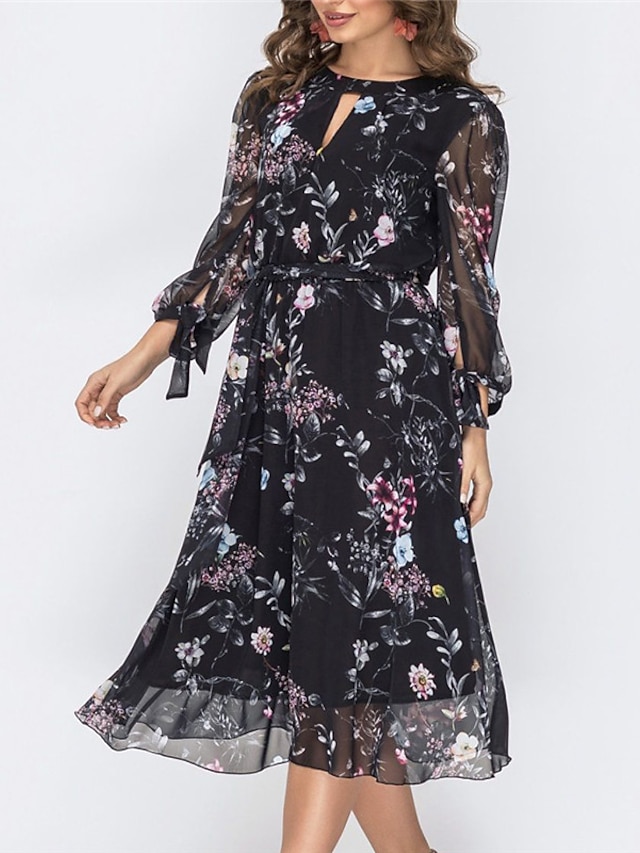 Womens Clothing Womens Dresses | Womens A Line Dress Midi Dress Black Long Sleeve Floral Print Fall Spring Round Neck Elegant Fa