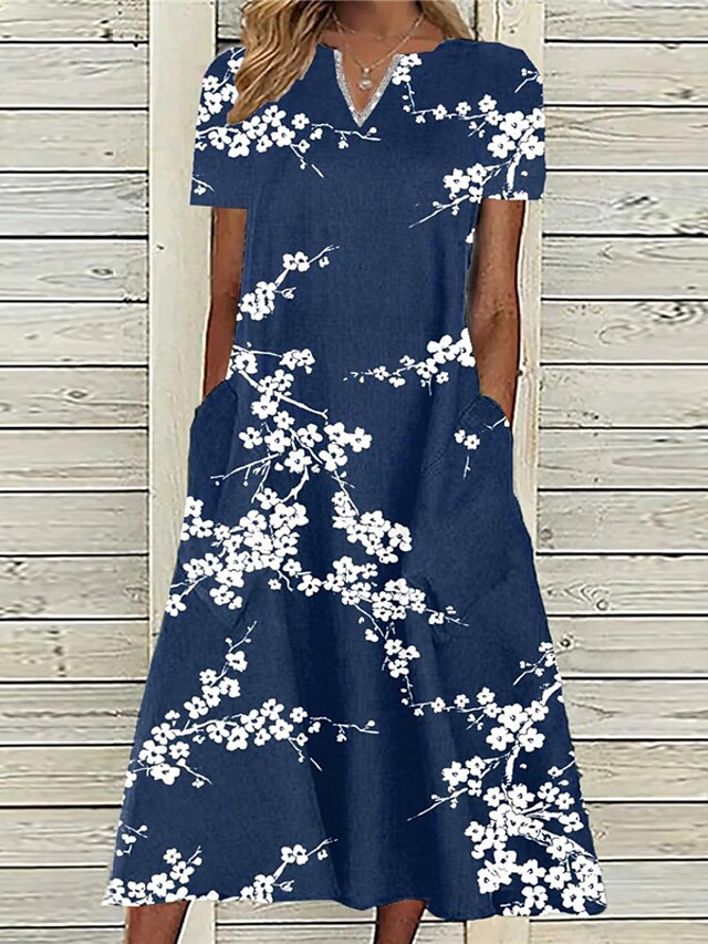 Womens Clothing Womens Dresses | Womens A Line Dress Midi Dress Green Brown Navy Blue Short Sleeve Floral Pocket Print Spring Su