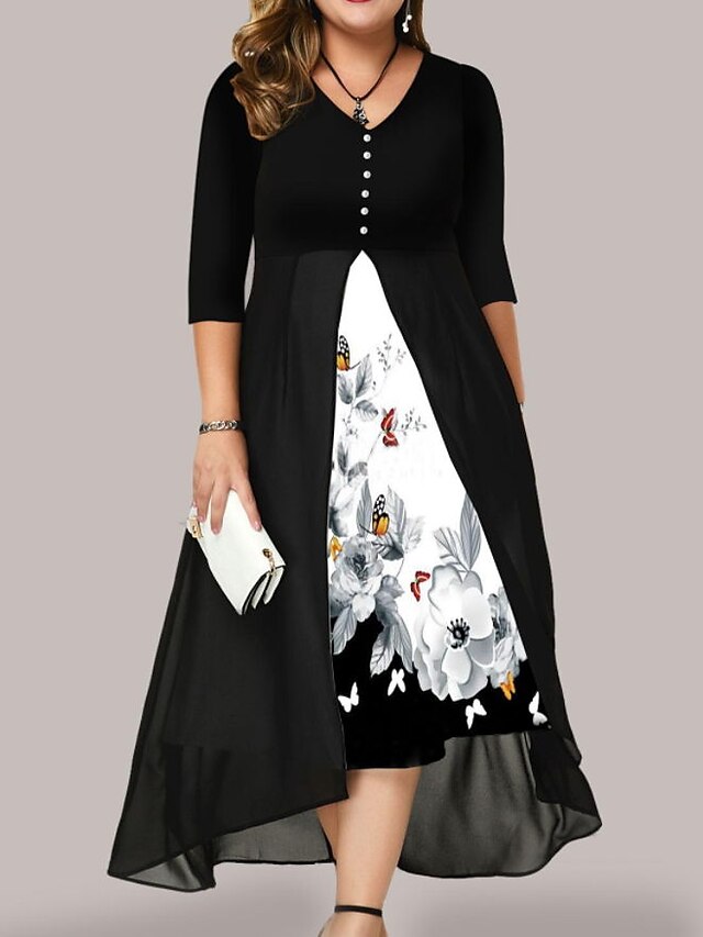 Women‘s Plus Size Curve Holiday Dress Floral V Neck Ruched Half Sleeve ...