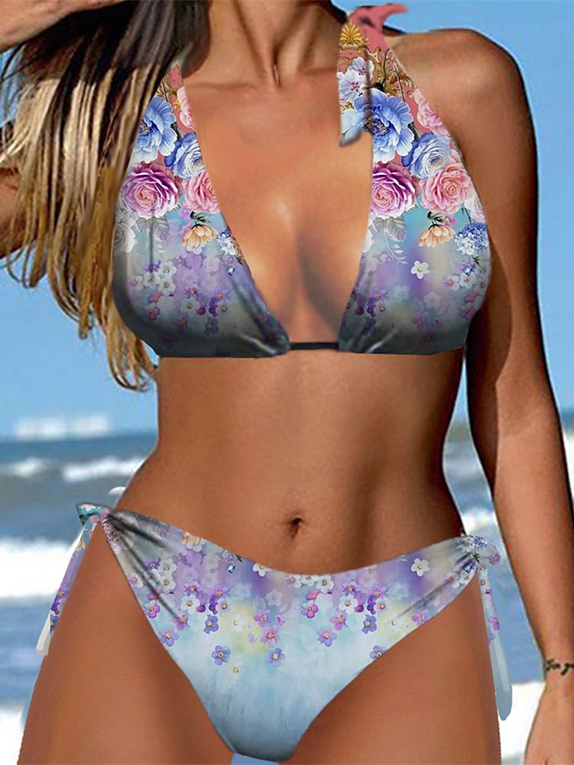 Womens Clothing Womens Swimwear | Womens Swimwear Bikini 2 Piece Normal Swimsuit Halter Open Back Printing Floral Blue Gray Purp