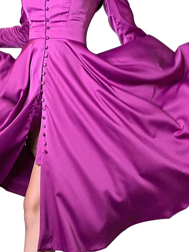 Womens Clothing Womens Dresses | Womens A Line Dress Knee Length Dress Black Purple Red Long Sleeve Pure Color Button Fall Sprin