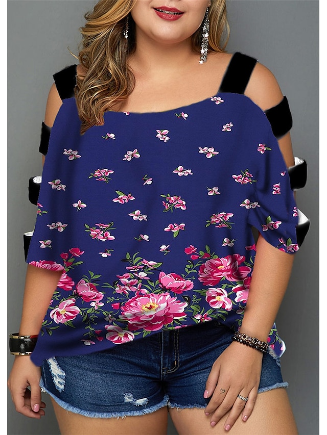 Womens Clothing Plus Size Collection | Womens Plus Size Tops Blouse Shirt Floral Cut Out Print Half Sleeve V Neck Streetwear Dai