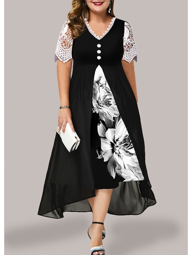 Womens Clothing Plus Size Collection | Womens Plus Size A Line Dress Floral V Neck Ruched Short Sleeve Spring Summer Casual Sexy