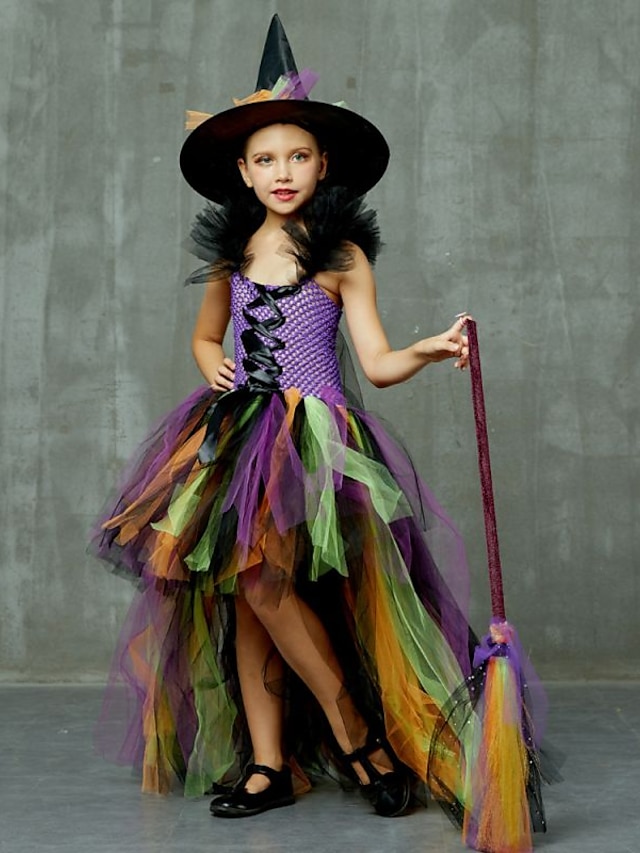  Copii Fete Rochie Bloc Culoare Costum de vrăjitoare pentru copii Fără manșon Performanță Halloween Peteci Gotic De Bază Bumbac Asimetric Rochie A line Rochie din Tul Vară Primăvară 2-8 ani Mov