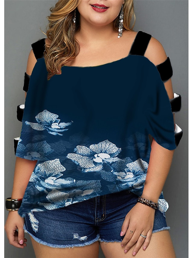 Womens Clothing Plus Size Collection | Womens Plus Size Tops Blouse Shirt Floral Cut Out Print Half Sleeve V Neck Streetwear Dai