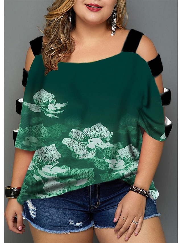 Womens Clothing Plus Size Collection | Womens Plus Size Tops Blouse Shirt Floral Cut Out Print Half Sleeve V Neck Streetwear Dai