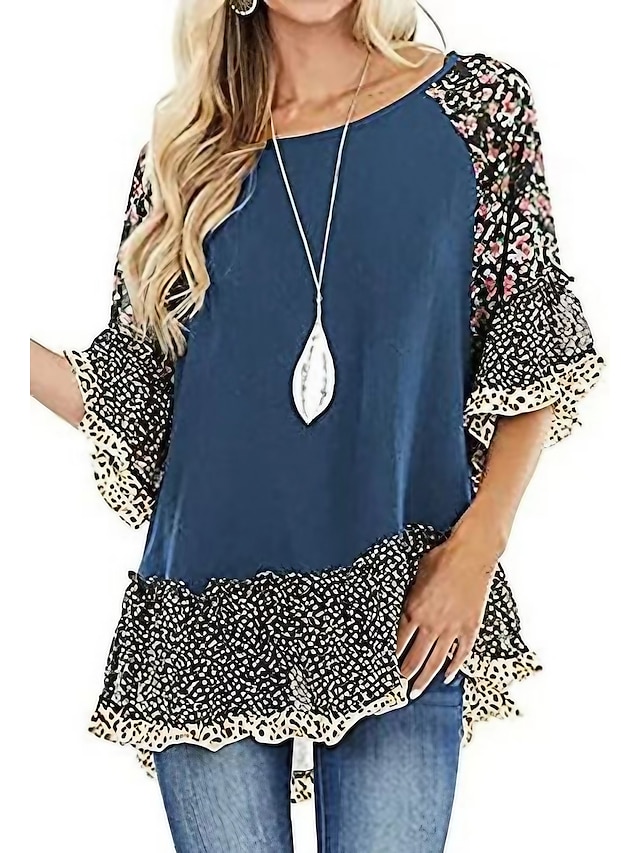  Damskie Koszula Koszula Boho Tunika Bluzka Kwiaty Panterka Moda miejska Codzienny Rękaw 3/4 Okrągły dekolt Zwykłe topy Codzienny Weekend Falbana Nadruk Lejąca tunika Czarny Biały Jasnozielony