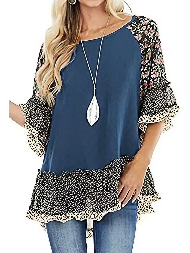Women's Shirt Boho Shirt Tunic Blouse Floral Leopard Streetwear Casual 3/4 Length Sleeve Round Neck Regular Tops Daily Weekend Ruffle Print Flowing tunic Black White Light Green Blue Fuchsia 14
