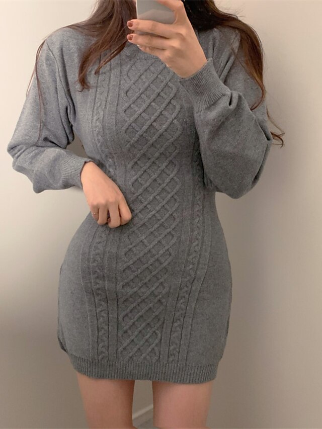 Womens Clothing Womens Dresses | Womens Sheath Dress Short Mini Dress Black Gray Beige Long Sleeve Pure Color Knit Spring Summer