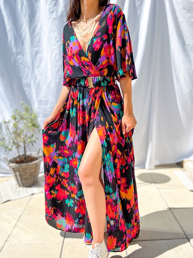 Womens Clothing Womens Dresses | Womens Swing Dress Maxi long Dress Green Purple Red Short Sleeve Floral Split Print Spring Summ