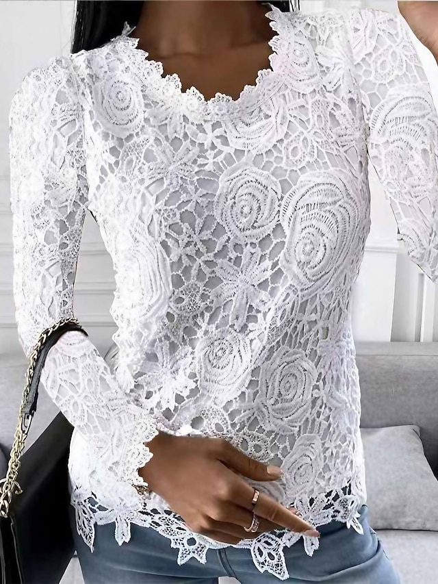  Women's Shirt Blouse Black White Pink Plain Lace Long Sleeve Work Streetwear Casual Round Neck Regular Floral S