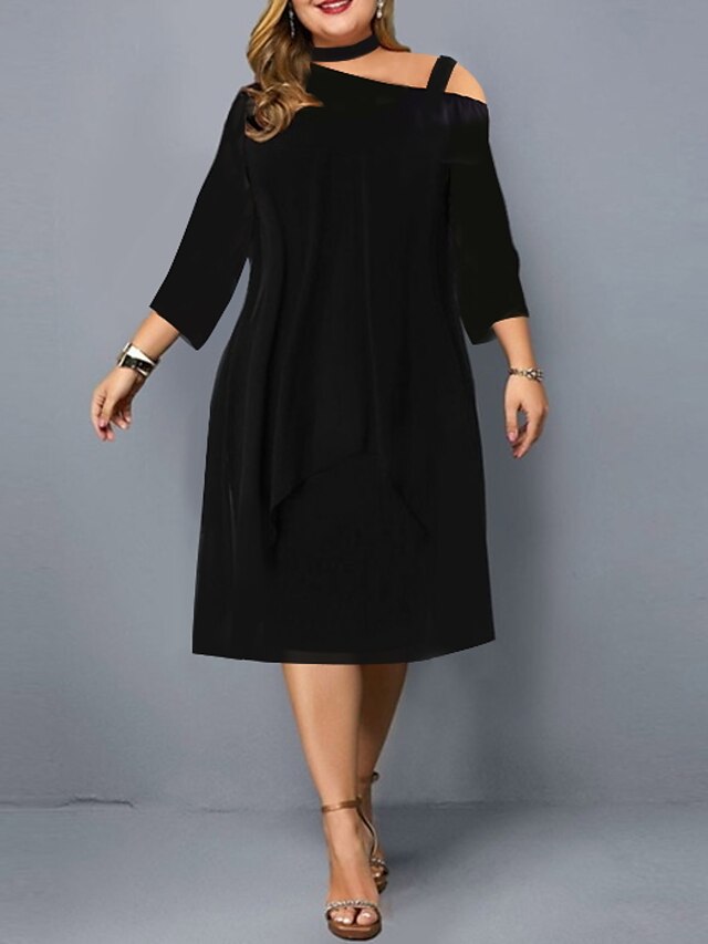 Womens Clothing Plus Size Collection | Womens Plus Size A Line Dress Solid Color One Shoulder Long Sleeve Spring Summer Work Mid