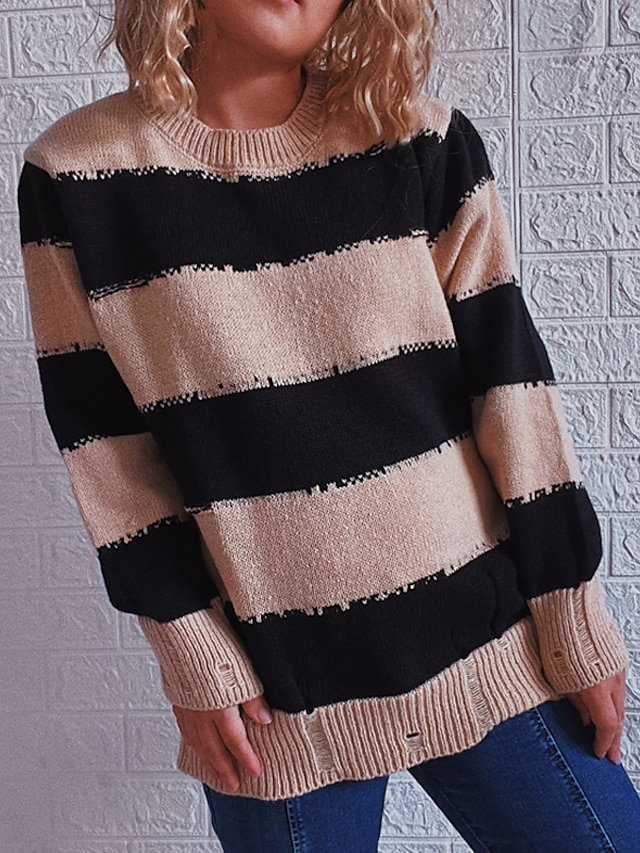Women's Cardigan Sweater Jumper Knit Knitted Thin Striped Crew