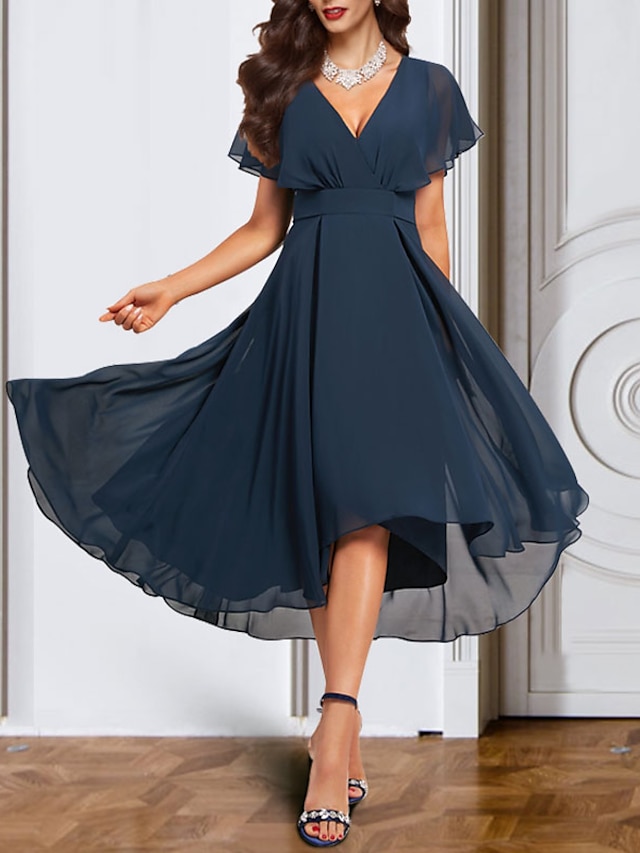  A-Line Cocktail Dresses Elegant Dress Wedding Guest Party Wear Ankle Length Short Sleeve V Neck Fall Wedding Guest Chiffon with Pure Color Strappy 2024