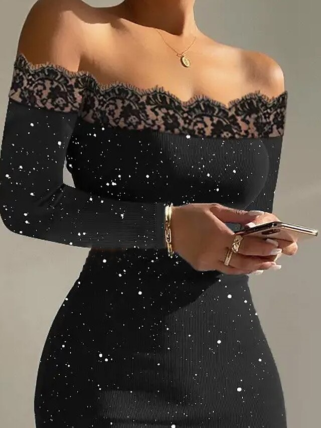 Womens Clothing Womens Dresses | Womens Bodycon Midi Dress Black Long Sleeve Polka Dot Sequins Ruffle Cold Shoulder Spring Summe