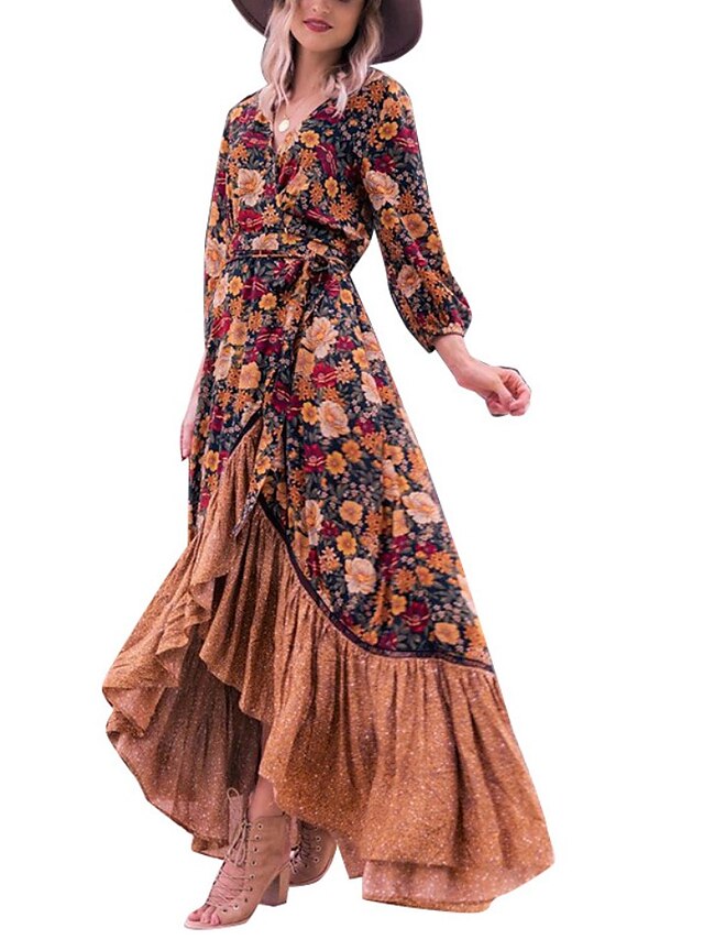 Womens Clothing Womens Dresses | Womens Wrap Dress Maxi long Dress Brown 3/4 Length Sleeve Floral Color Block Ruffle Print Fall 