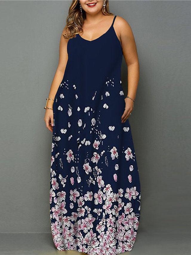 Womens Clothing Plus Size Collection | Womens Plus Size Shift Dress Floral Round Neck Sleeveless Spring Summer Casual Maxi long 